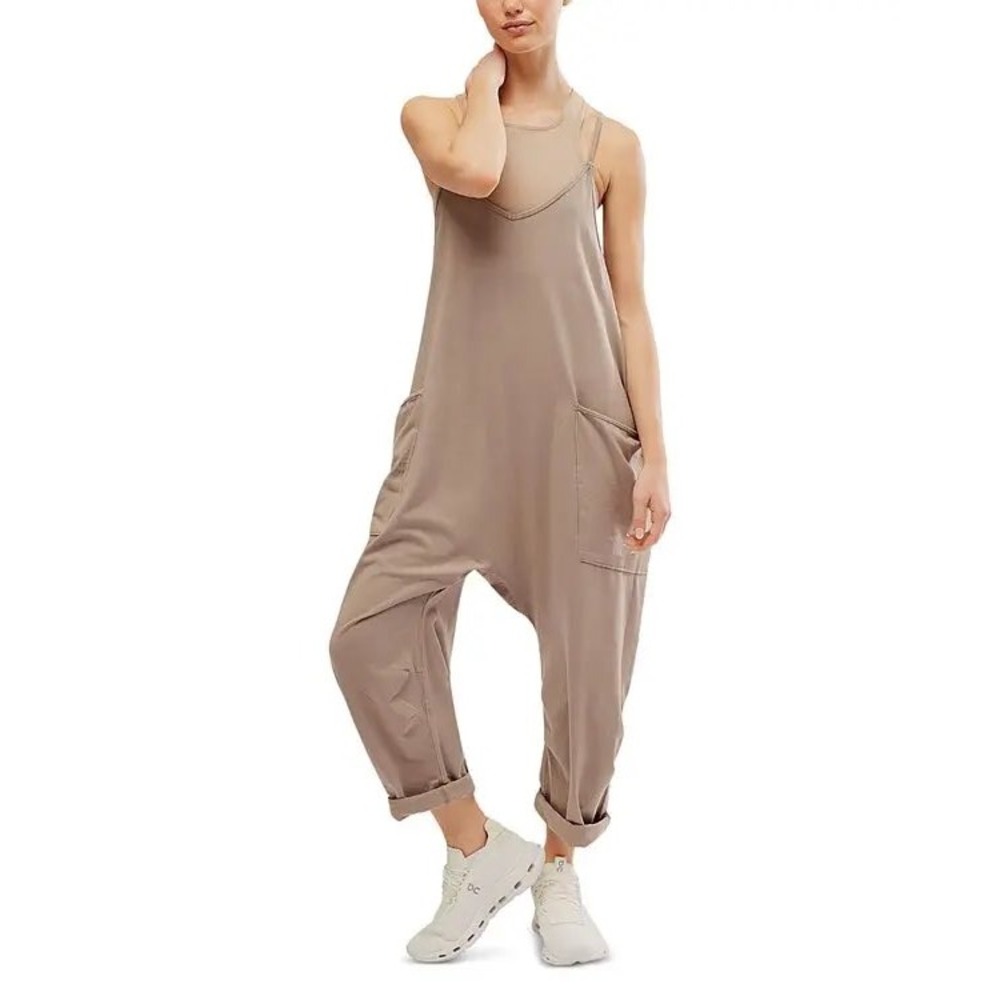 Free People FP Movement Hot Shot Jumpsuit Taupe Harem Romper L Boho Lagenlook